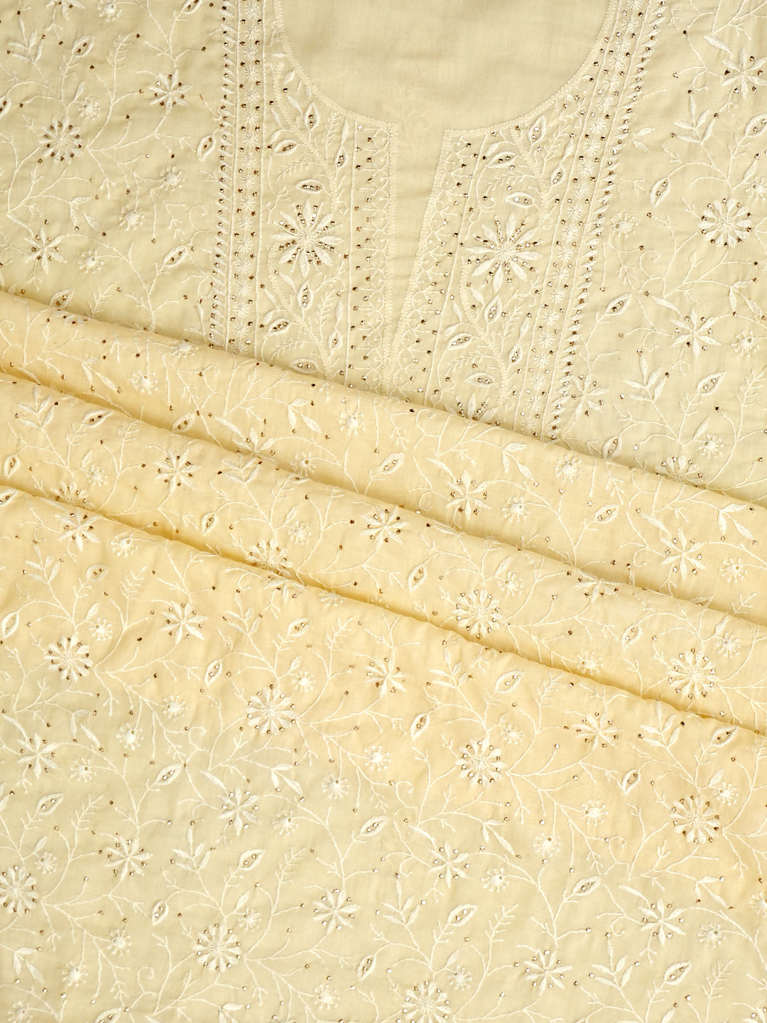 Ada Hand Embroidered Beige Cotton Lucknowi Chikankari Unstitched Suit Piece With Mukaish Work 01A362234