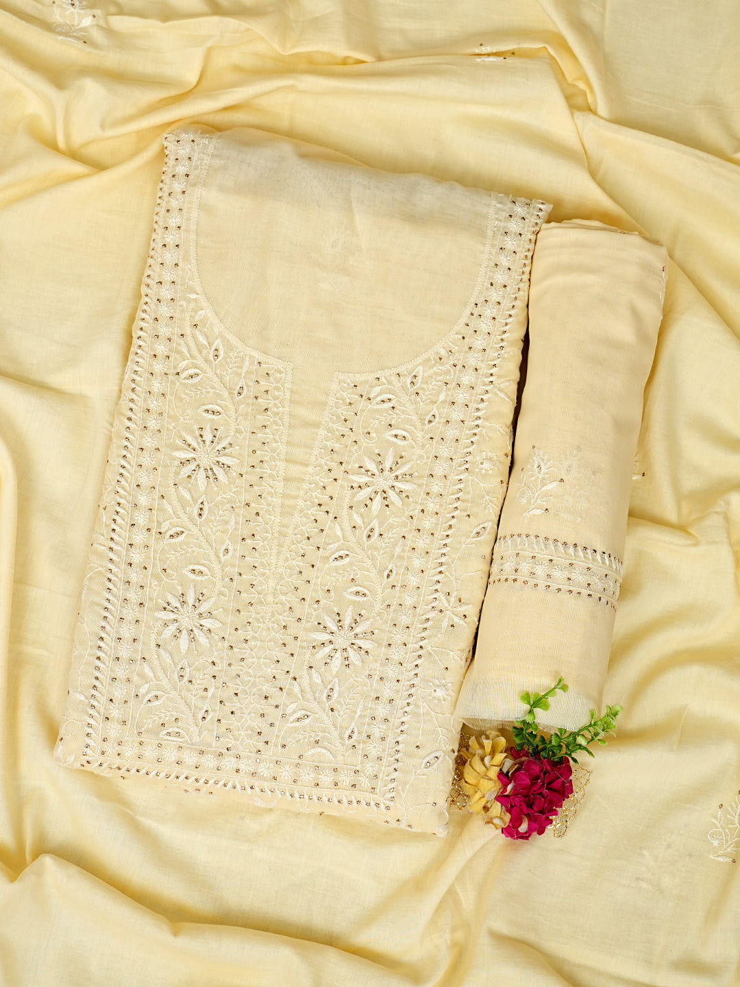 Ada Hand Embroidered Beige Cotton Lucknowi Chikankari Unstitched Suit Piece With Mukaish Work 01A362234