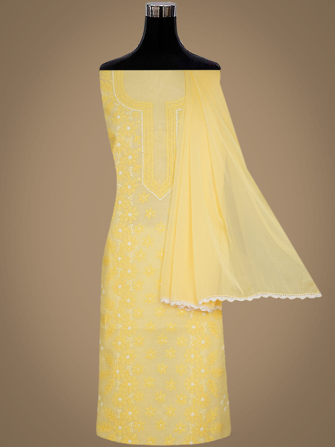 Ada Hand Embroidered Beige Cotton Lucknowi Chikankari Unstitched Suit Piece with Chiffon Dupatta 01A1025721_3