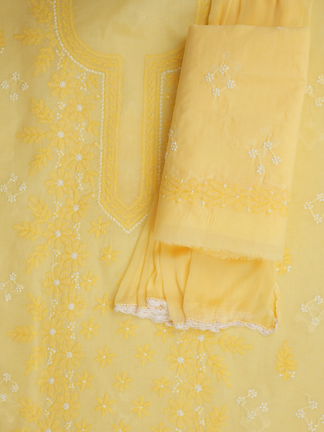 Ada Hand Embroidered Beige Cotton Lucknowi Chikankari Unstitched Suit Piece with Chiffon Dupatta 01A1025721