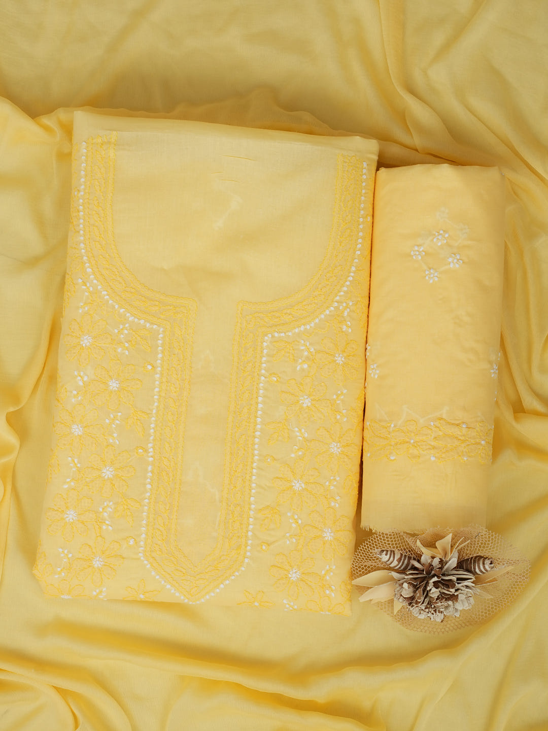 Ada Hand Embroidered Beige Cotton Lucknowi Chikankari Unstitched Suit Piece with Chiffon Dupatta 01A1025721_1