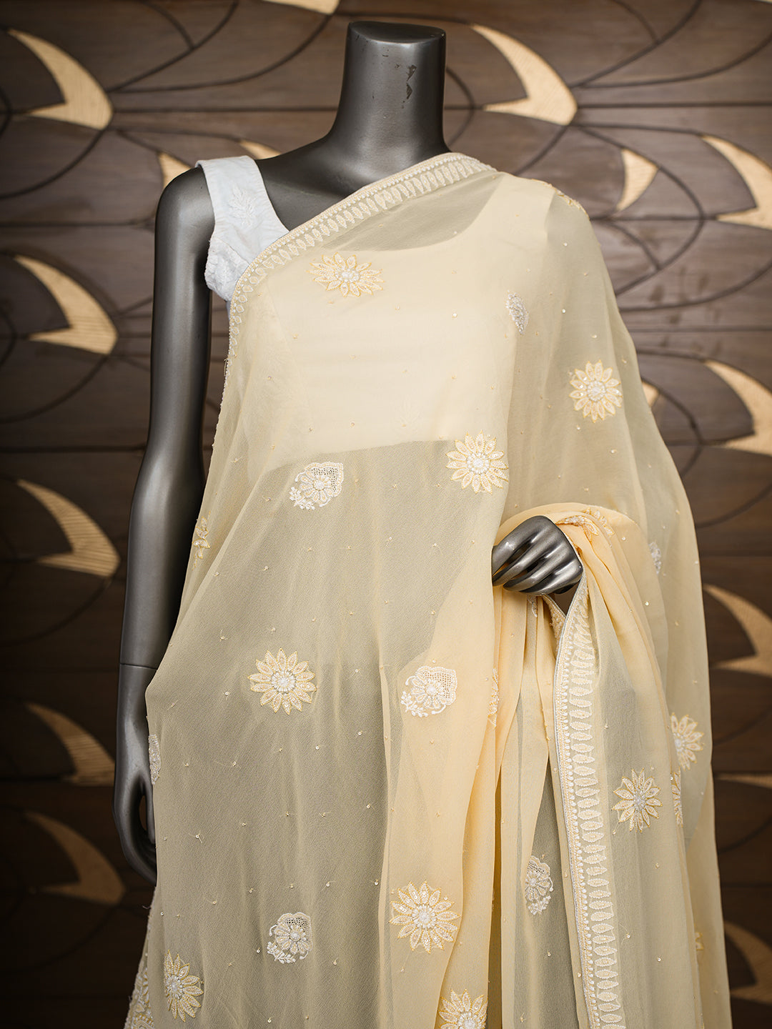 Ada Hand Embroidered Beige Pure Georgette Lucknowi Chikankari Dupatta With Cutdana Work 01A712988