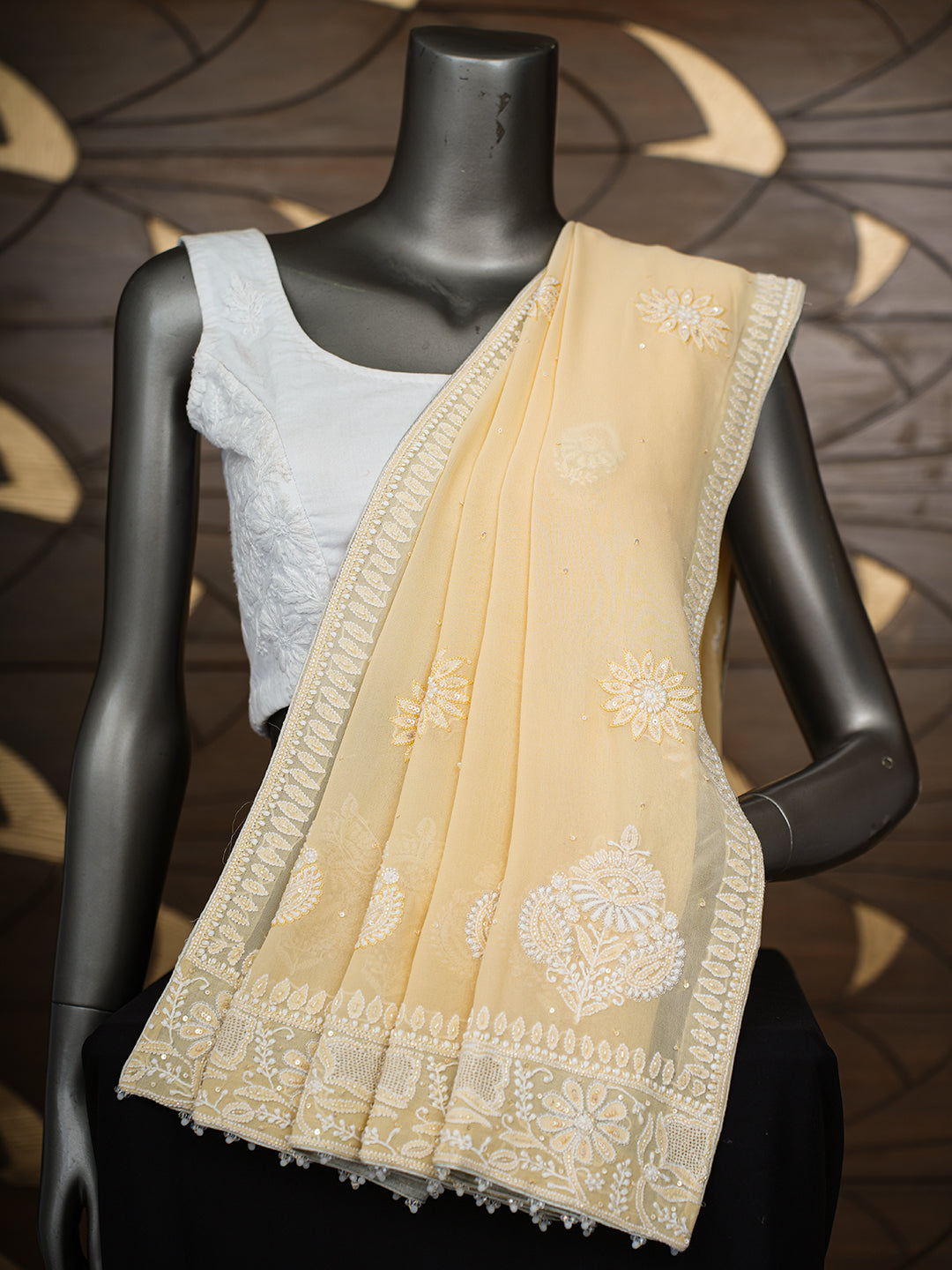 Ada Hand Embroidered Beige Pure Georgette Lucknowi Chikankari Dupatta With Cutdana Work 01A712988