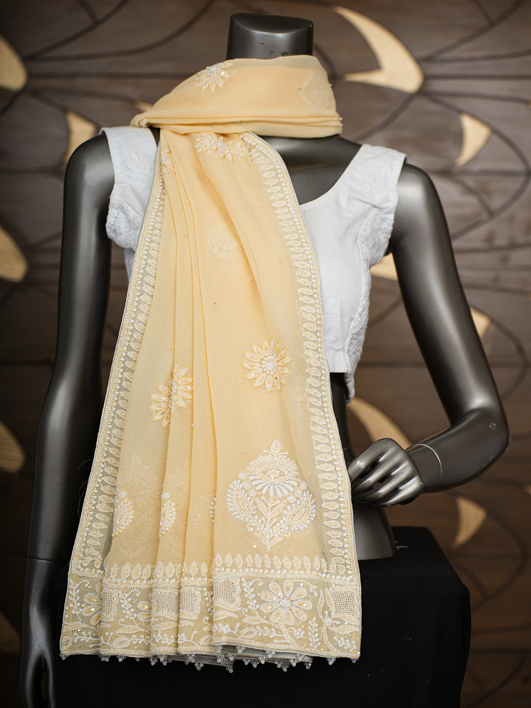 Ada Hand Embroidered Beige Pure Georgette Lucknowi Chikankari Dupatta With Cutdana Work 01A712988