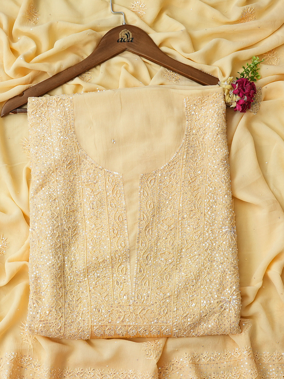 Ada Hand Embroidered Beige Pure Georgette Lucknowi Chikankari Unstitched Kurta Dupatta Set With Sequinned Work 01A705092