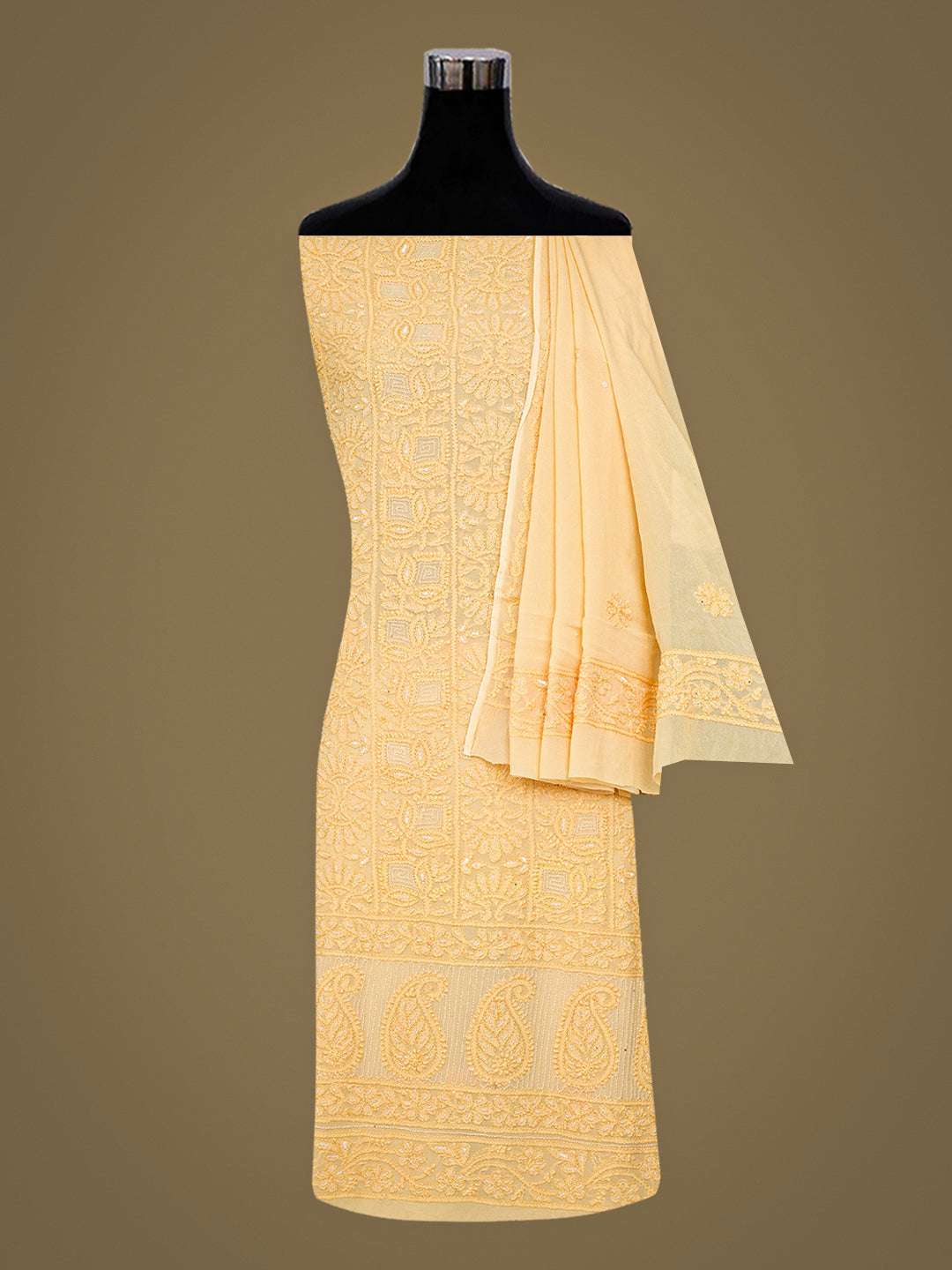 Ada Hand Embroidered Beige Viscose Georgette Lucknowi Chikankari Unstitched Kurta Dupatta Set With Cutdana Work 01A795839