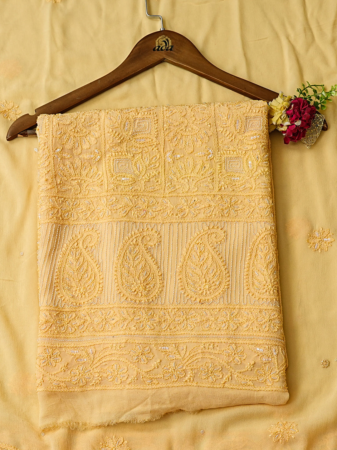 Ada Hand Embroidered Beige Viscose Georgette Lucknowi Chikankari Unstitched Kurta Dupatta Set With Cutdana Work 01A795839