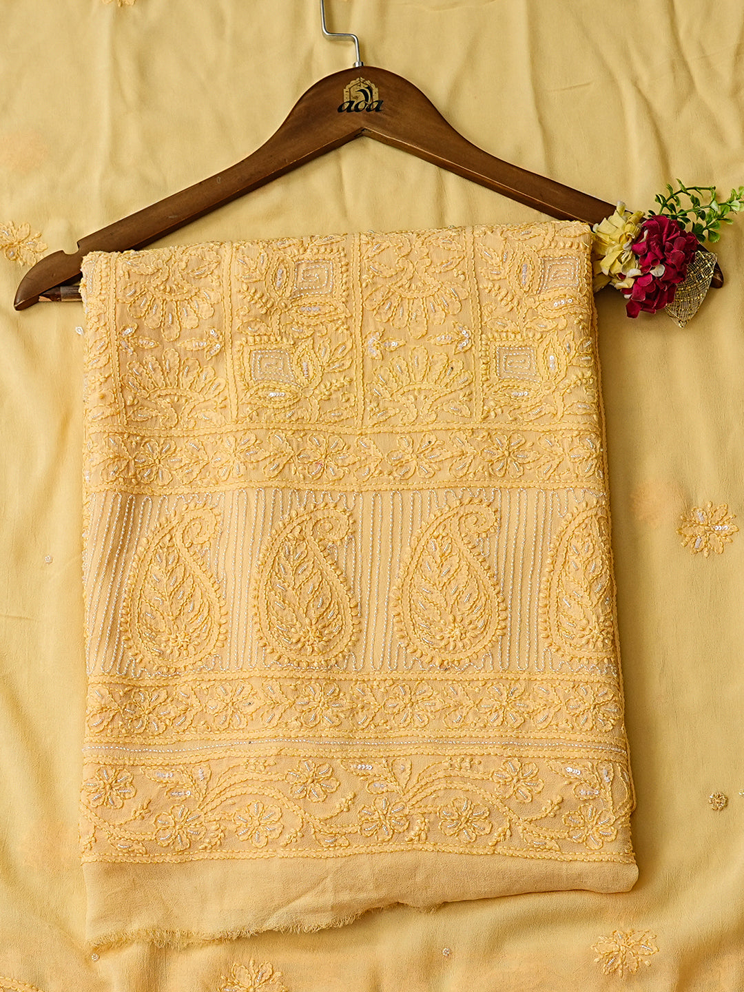 Ada Hand Embroidered Beige Viscose Georgette Lucknowi Chikankari Unstitched Kurta Dupatta Set With Cutdana Work 01A795839