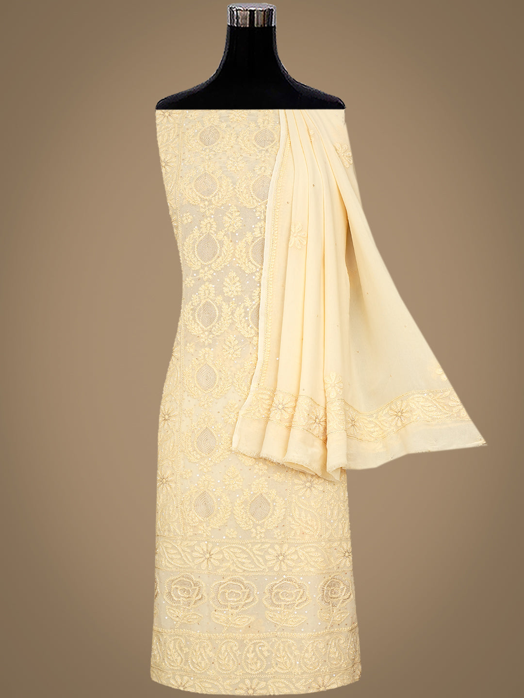 Ada Hand Embroidered Beige Viscose Georgette Lucknowi Chikankari Unstitched Kurta Dupatta Set With Cutdana Work 01A955432