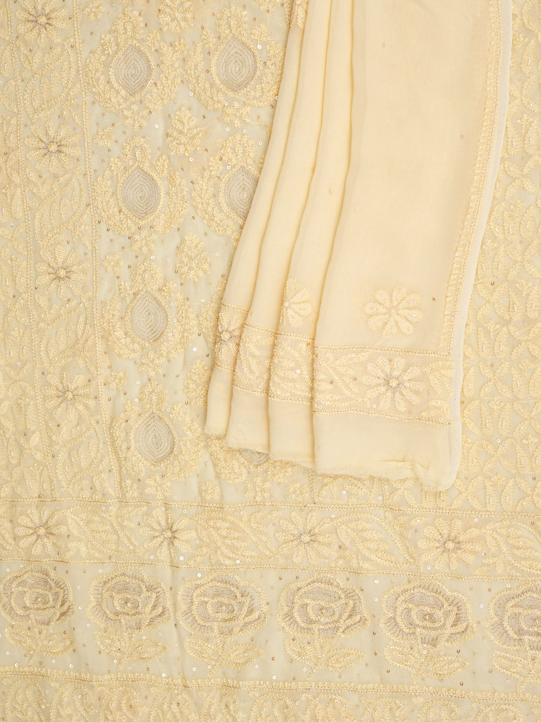 Ada Hand Embroidered Beige Viscose Georgette Lucknowi Chikankari Unstitched Kurta Dupatta Set With Cutdana Work 01A955432