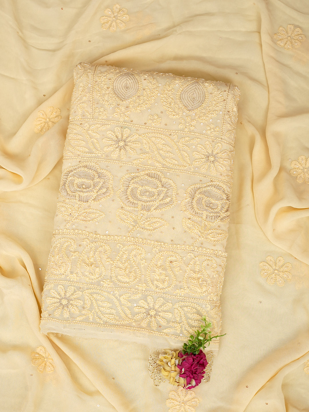Ada Hand Embroidered Beige Viscose Georgette Lucknowi Chikankari Unstitched Kurta Dupatta Set With Cutdana Work 01A955432