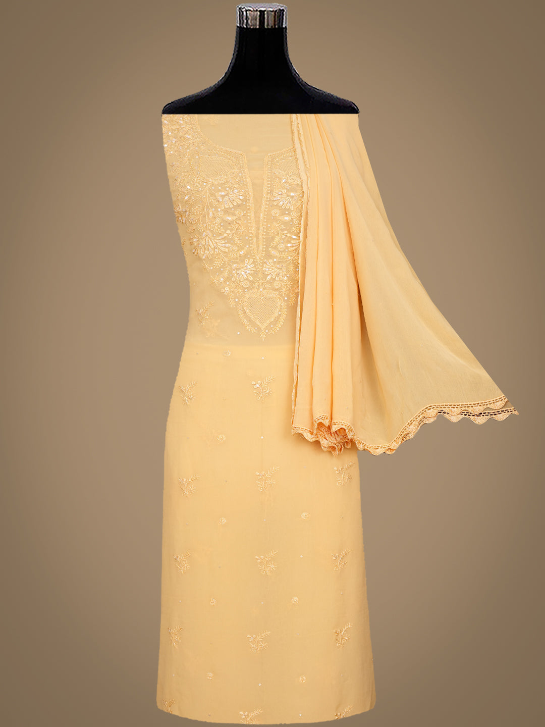 Ada Hand Embroidered Beige Viscose Georgette Lucknowi Chikankari Unstitched Suit Piece With Cutdana Work 01A922560