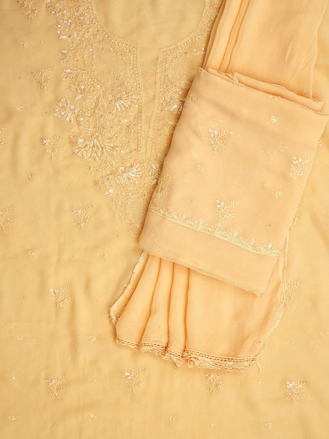 Ada Hand Embroidered Beige Viscose Georgette Lucknowi Chikankari Unstitched Suit Piece With Cutdana Work 01A922560
