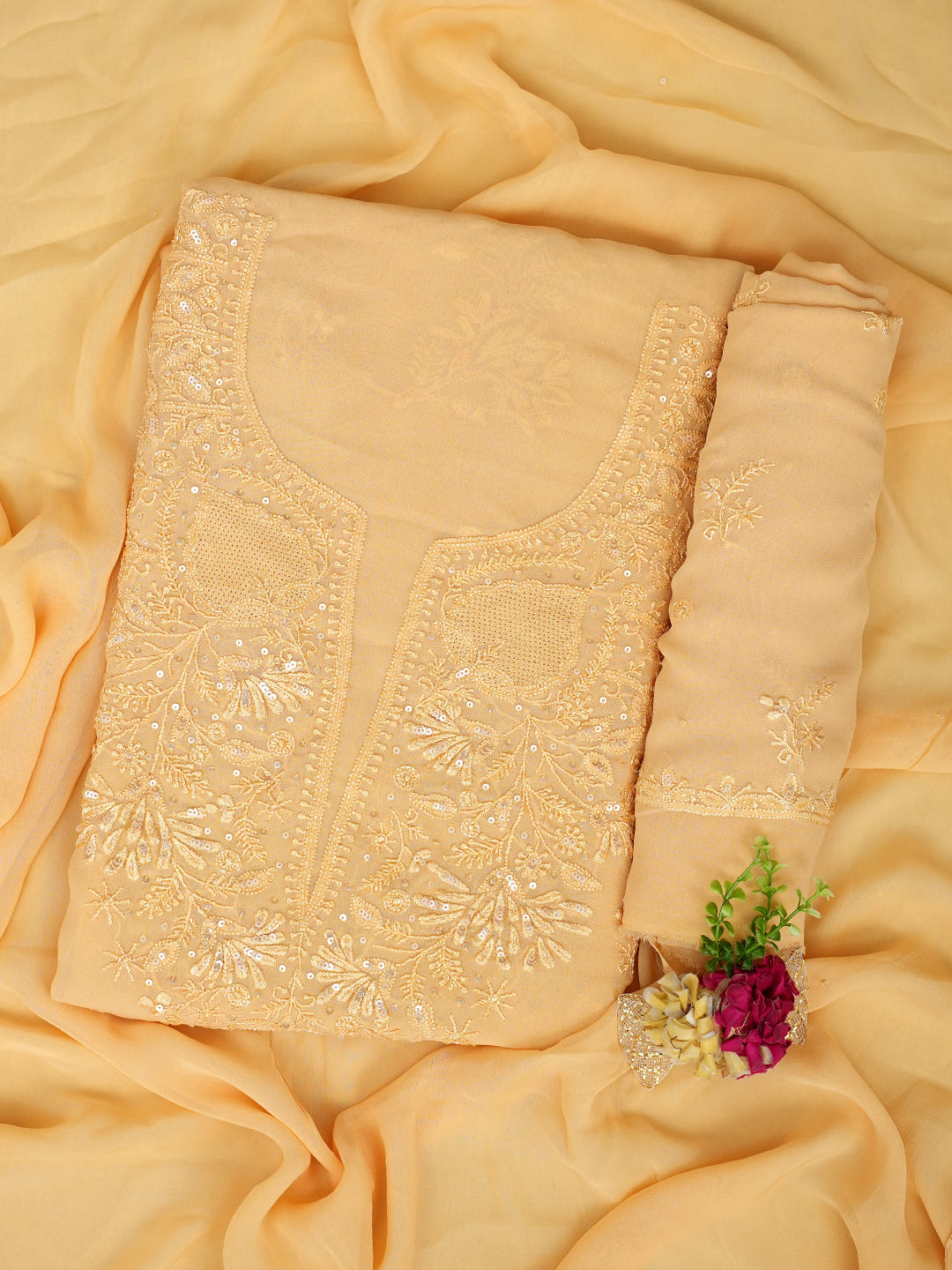 Ada Hand Embroidered Beige Viscose Georgette Lucknowi Chikankari Unstitched Suit Piece With Cutdana Work 01A922560
