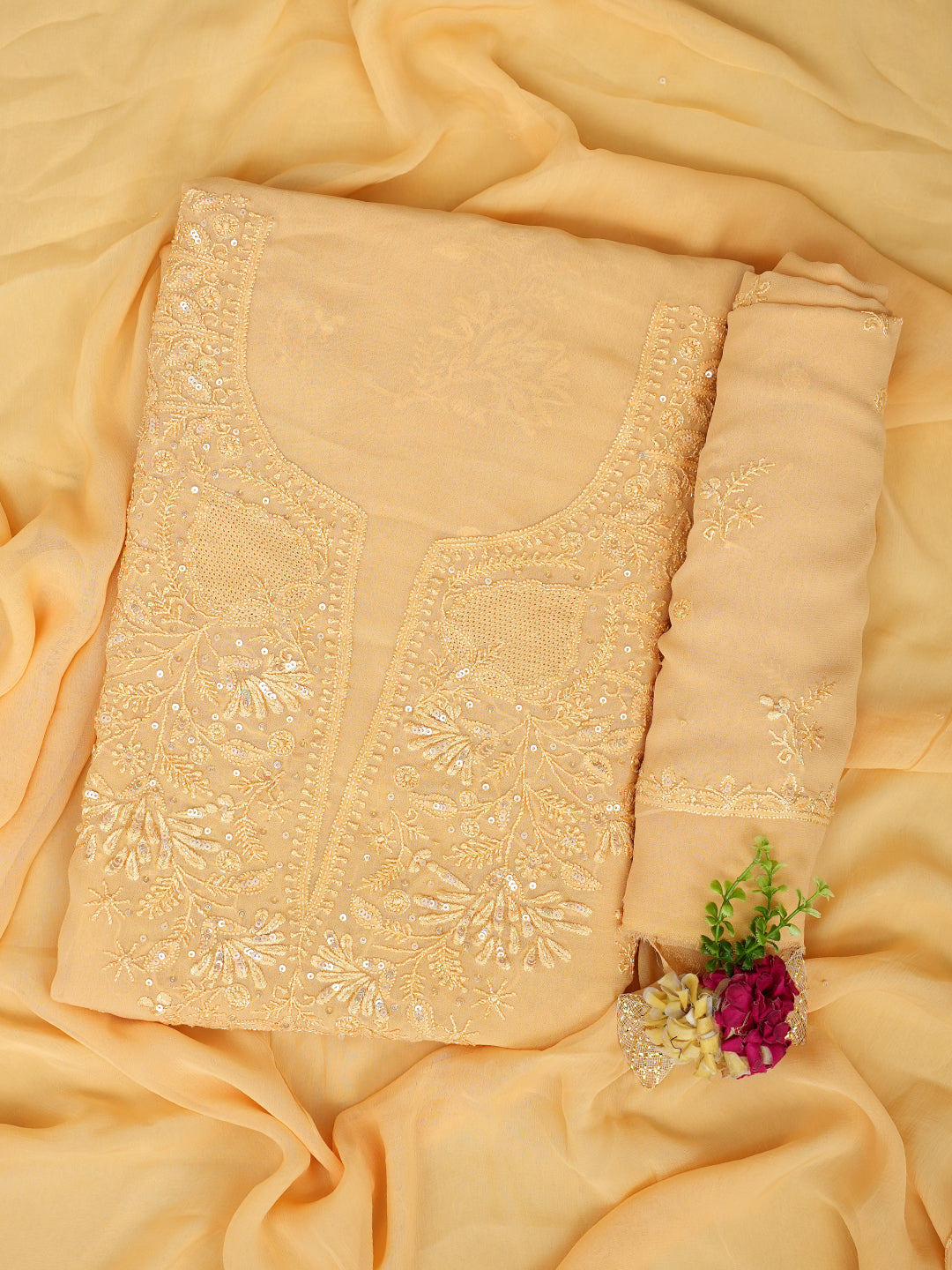Ada Hand Embroidered Beige Viscose Georgette Lucknowi Chikankari Unstitched Suit Piece With Cutdana Work 01A922560
