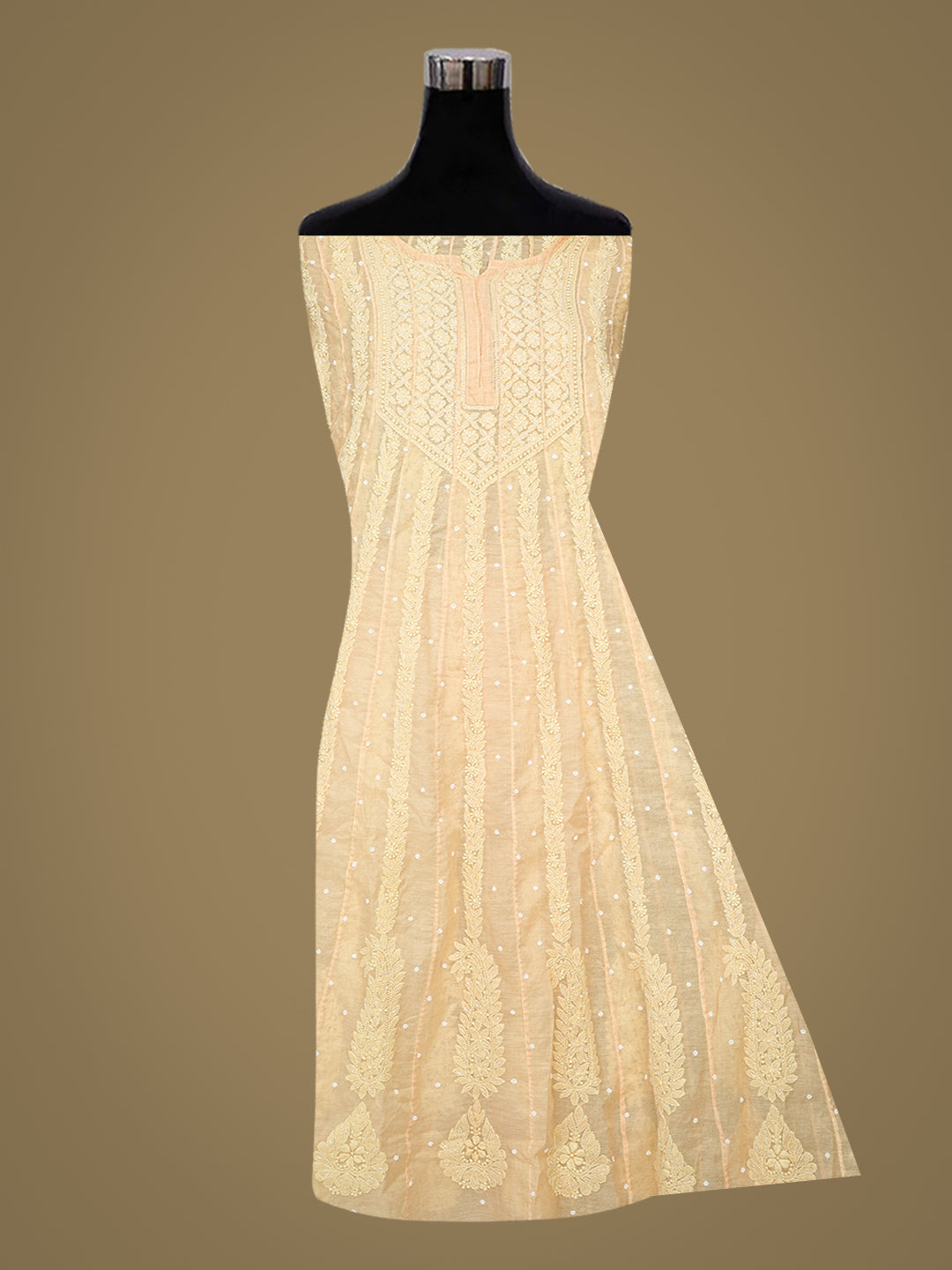 Ada Hand Embroidered Biscotti Yellow Chanderi Lucknowi Chikankari Semi Stitched Anarkali Kurta Dupatta Set with Cutdana Work 01A890301