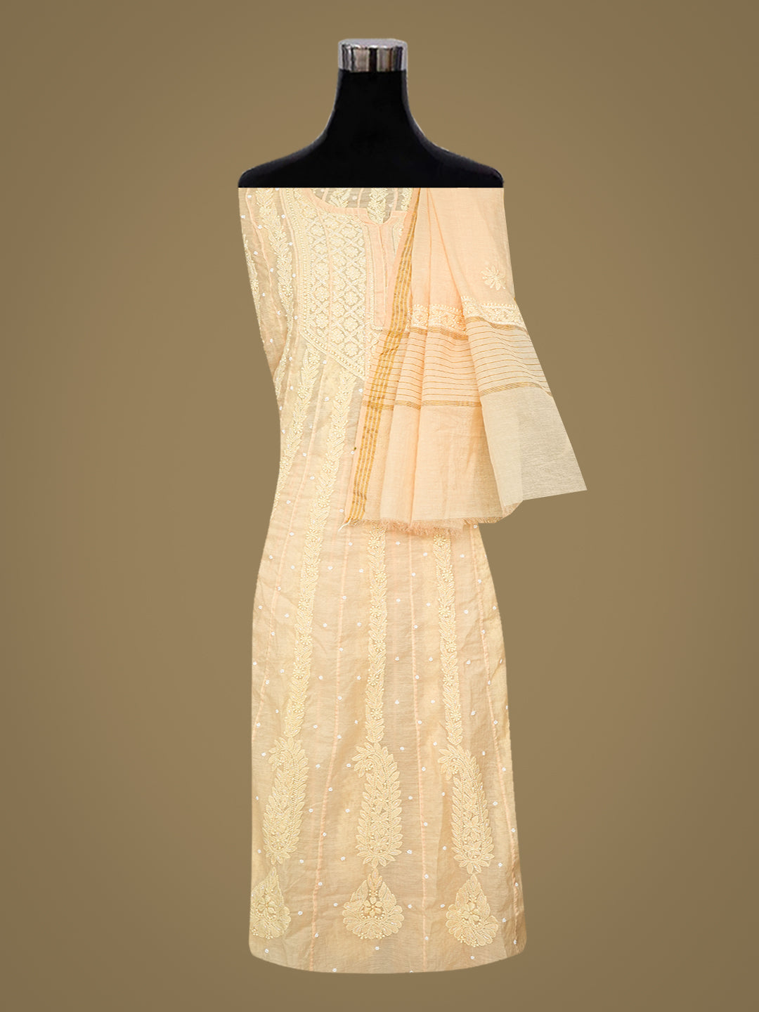Ada Hand Embroidered Biscotti Yellow Chanderi Lucknowi Chikankari Semi Stitched Anarkali Kurta Dupatta Set with Cutdana Work 01A890301