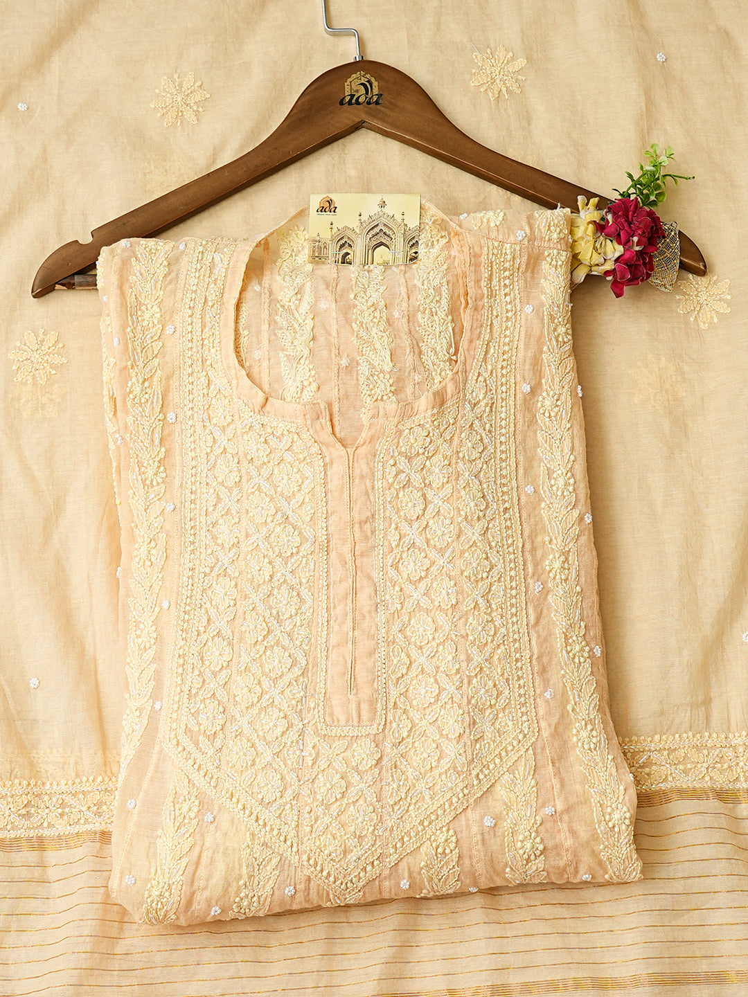 Ada Hand Embroidered Biscotti Yellow Chanderi Lucknowi Chikankari Semi Stitched Anarkali Kurta Dupatta Set with Cutdana Work 01A890301