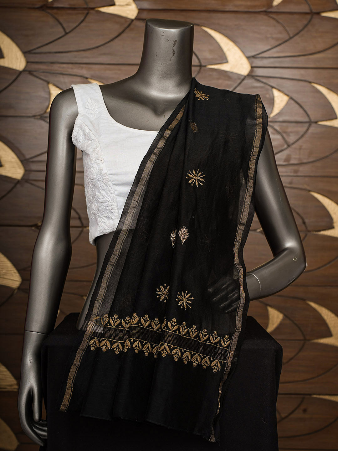 Ada Hand Embroidered Black Chanderi Lucknowi Chikankari Dupatta 07A500940