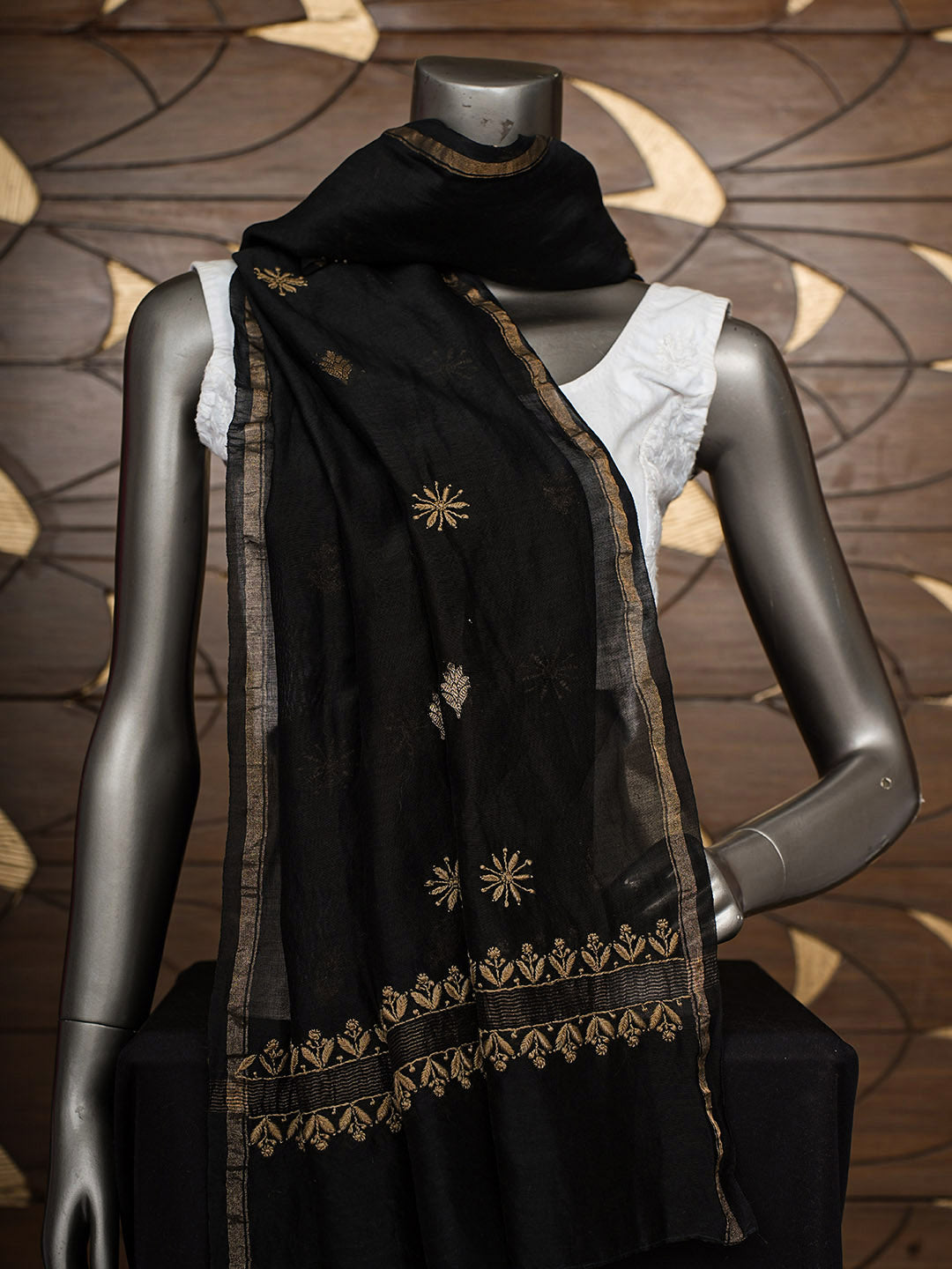 Ada Hand Embroidered Black Chanderi Lucknowi Chikankari Dupatta 07A500940