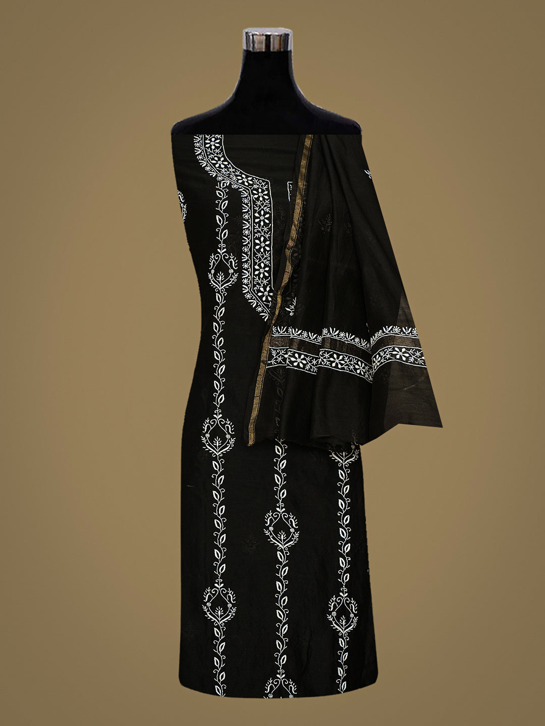 Ada Hand Embroidered Black Chanderi Lucknowi Chikankari Unstitched Kurta Dupatta 07A501629