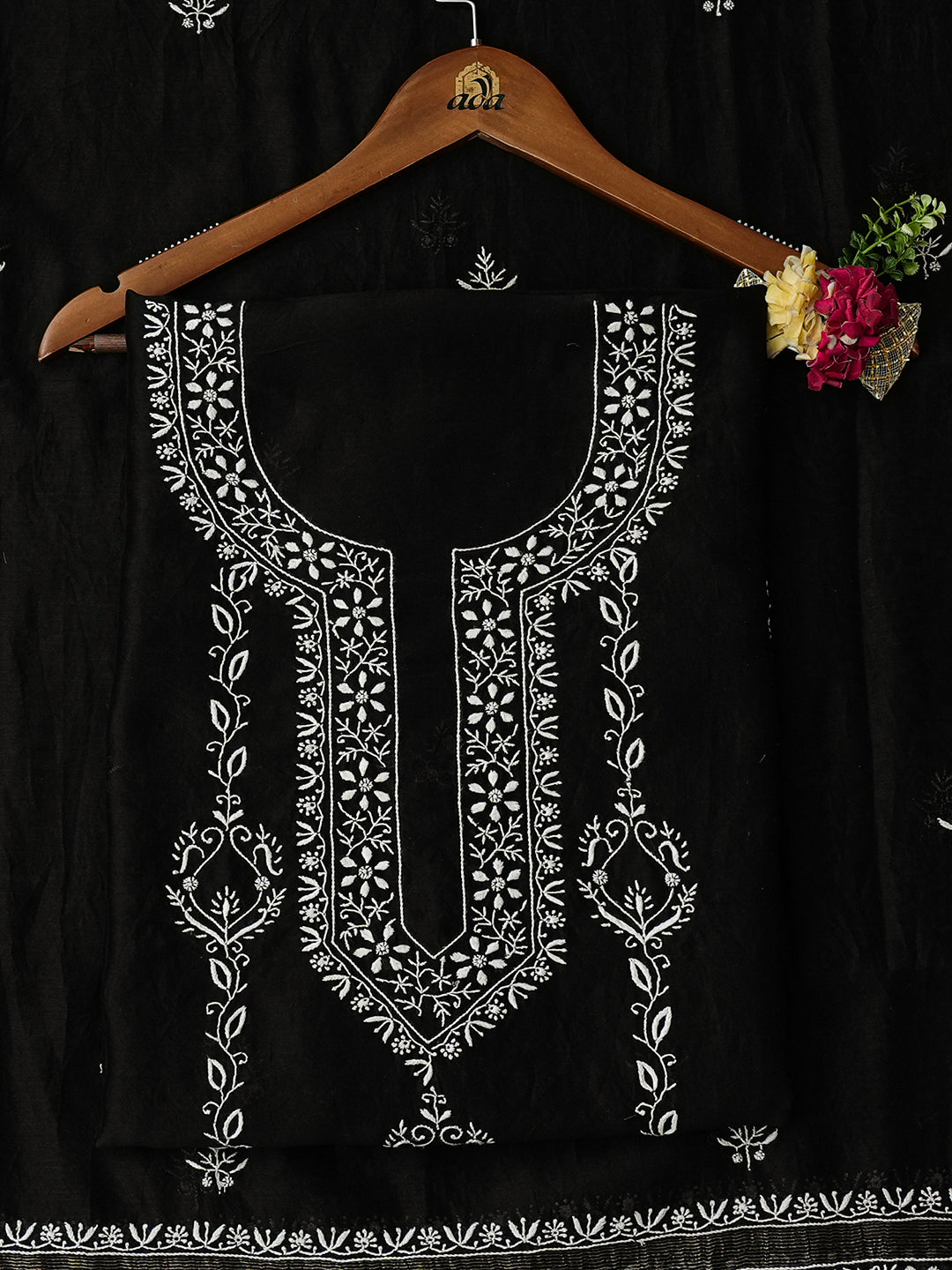 Ada Hand Embroidered Black Chanderi Lucknowi Chikankari Unstitched Kurta Dupatta 07A501629