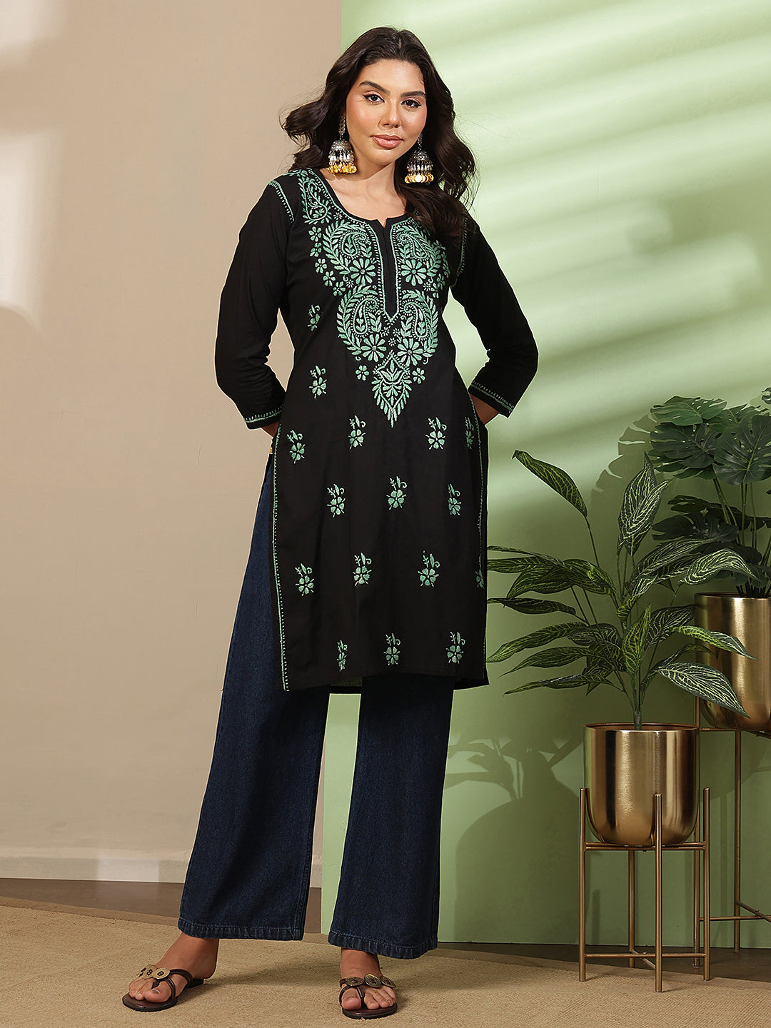 Ada Hand Embroidered Black Cotton Lucknow Chikankari Kurta A411810