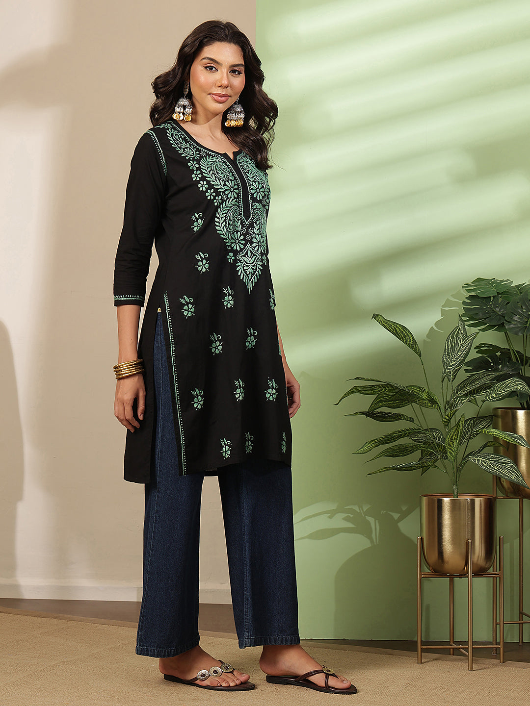 Ada Hand Embroidered Black Cotton Lucknow Chikankari Kurta A411810