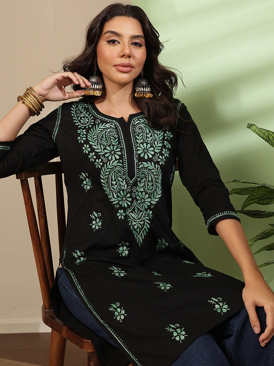 Ada Hand Embroidered Black Cotton Lucknow Chikankari Kurta A411810