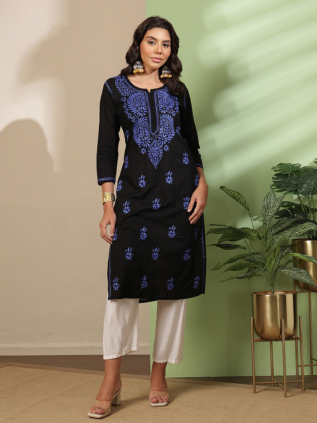 Ada Hand Embroidered Black Cotton Lucknow Chikankari Kurta A411811
