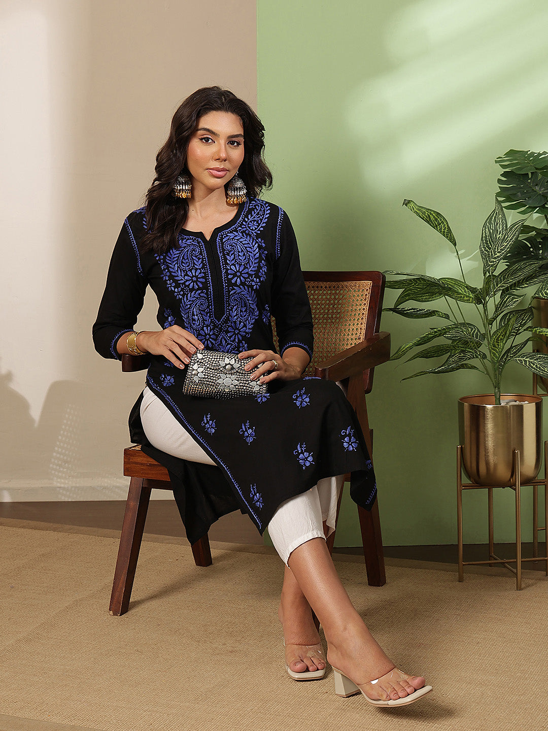 Ada Hand Embroidered Black Cotton Lucknow Chikankari Kurta A411811