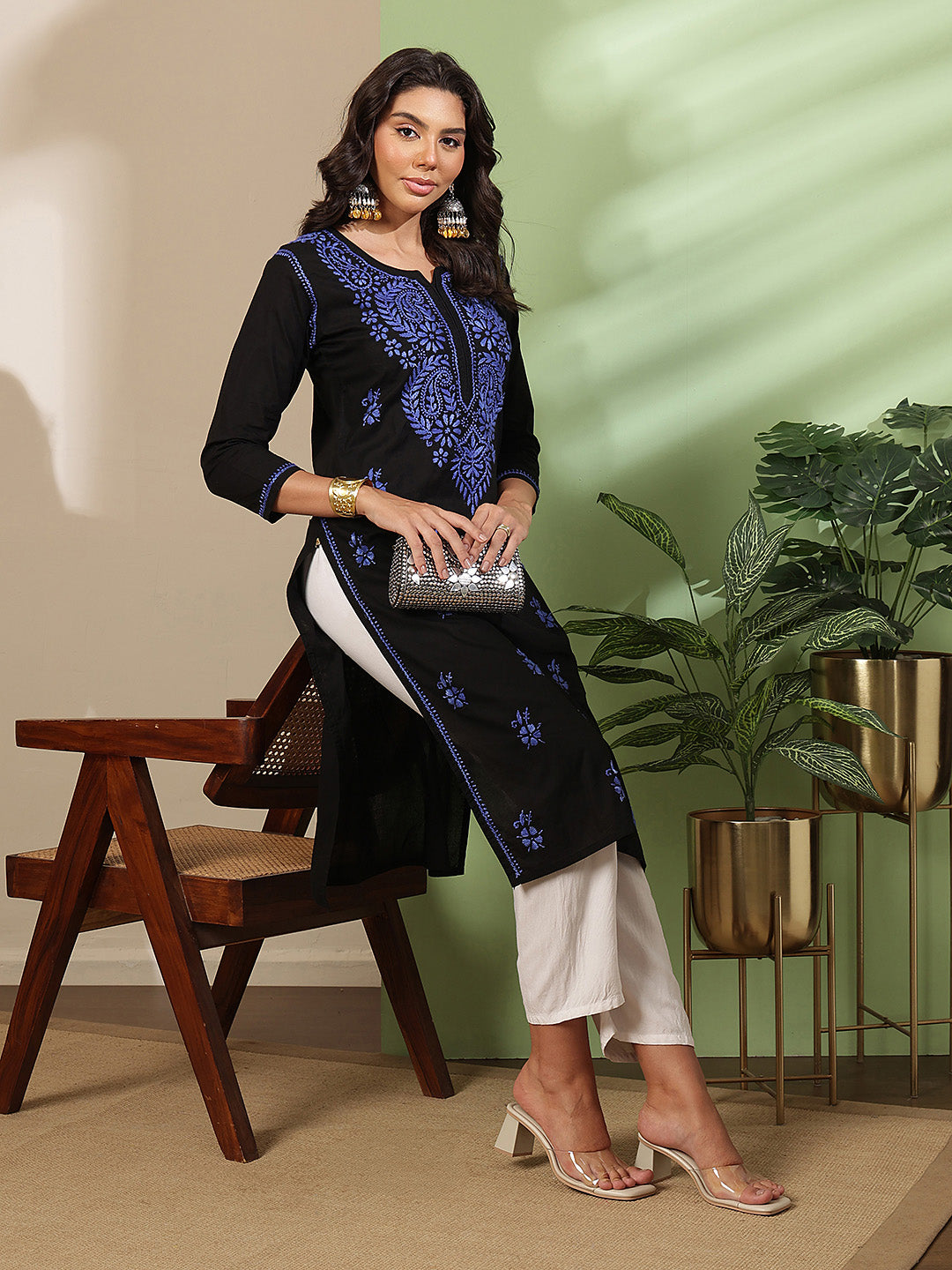 Ada Hand Embroidered Black Cotton Lucknow Chikankari Kurta A411811