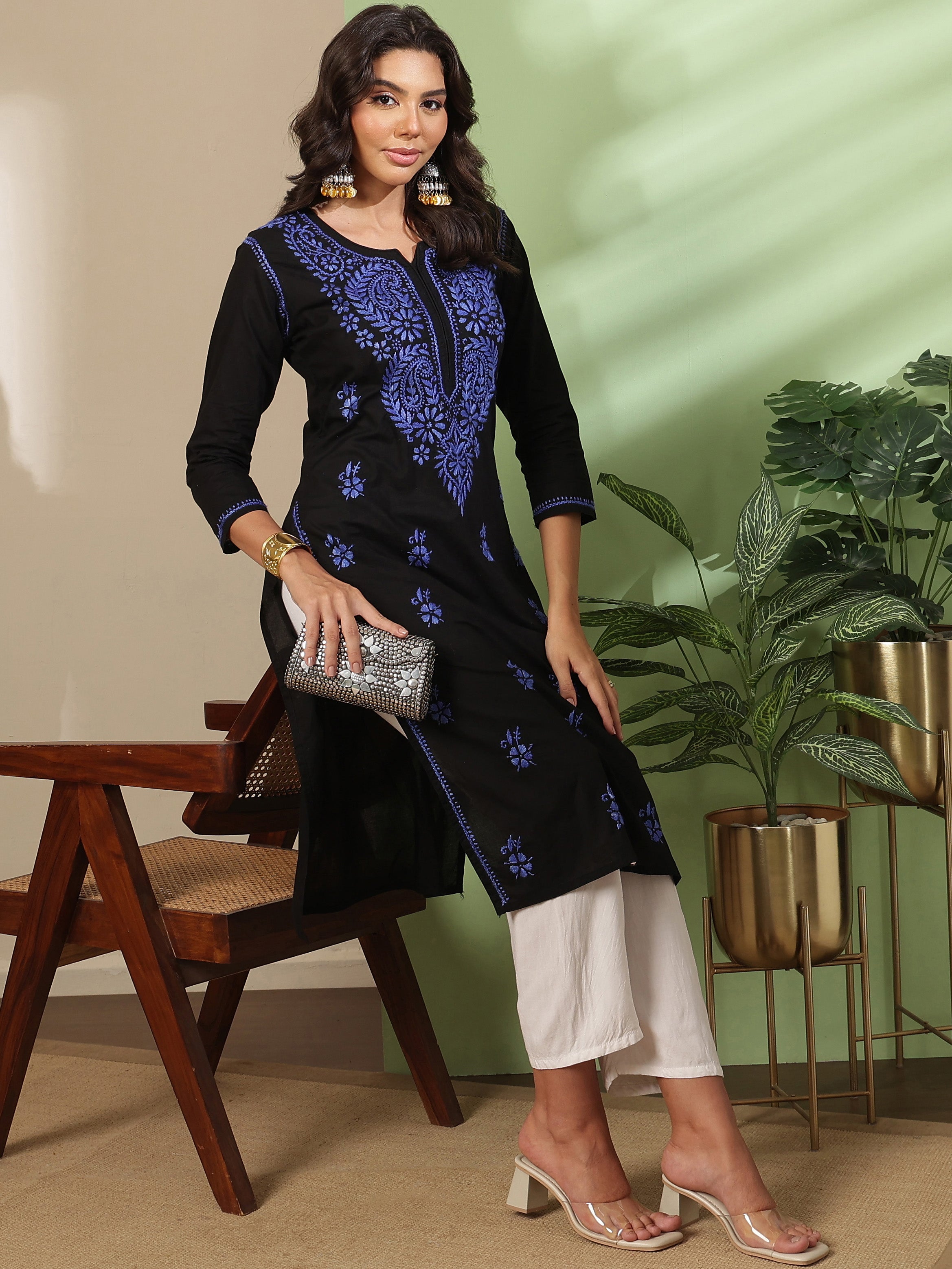 Ada Hand Embroidered Black Cotton Lucknow Chikankari Kurta A411811