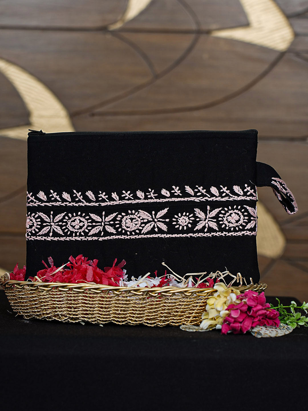 Ada Hand Embroidered Black Cotton Lucknowi Chikankari Pouch 01A902230