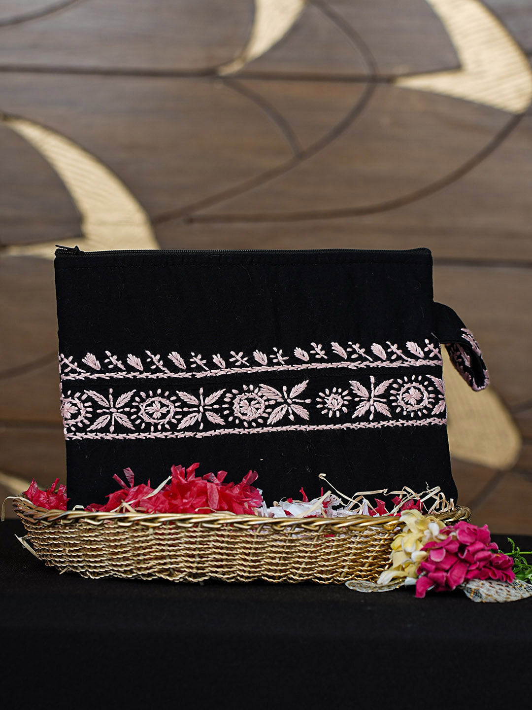 Ada Hand Embroidered Black Cotton Lucknowi Chikankari Pouch 01A902230