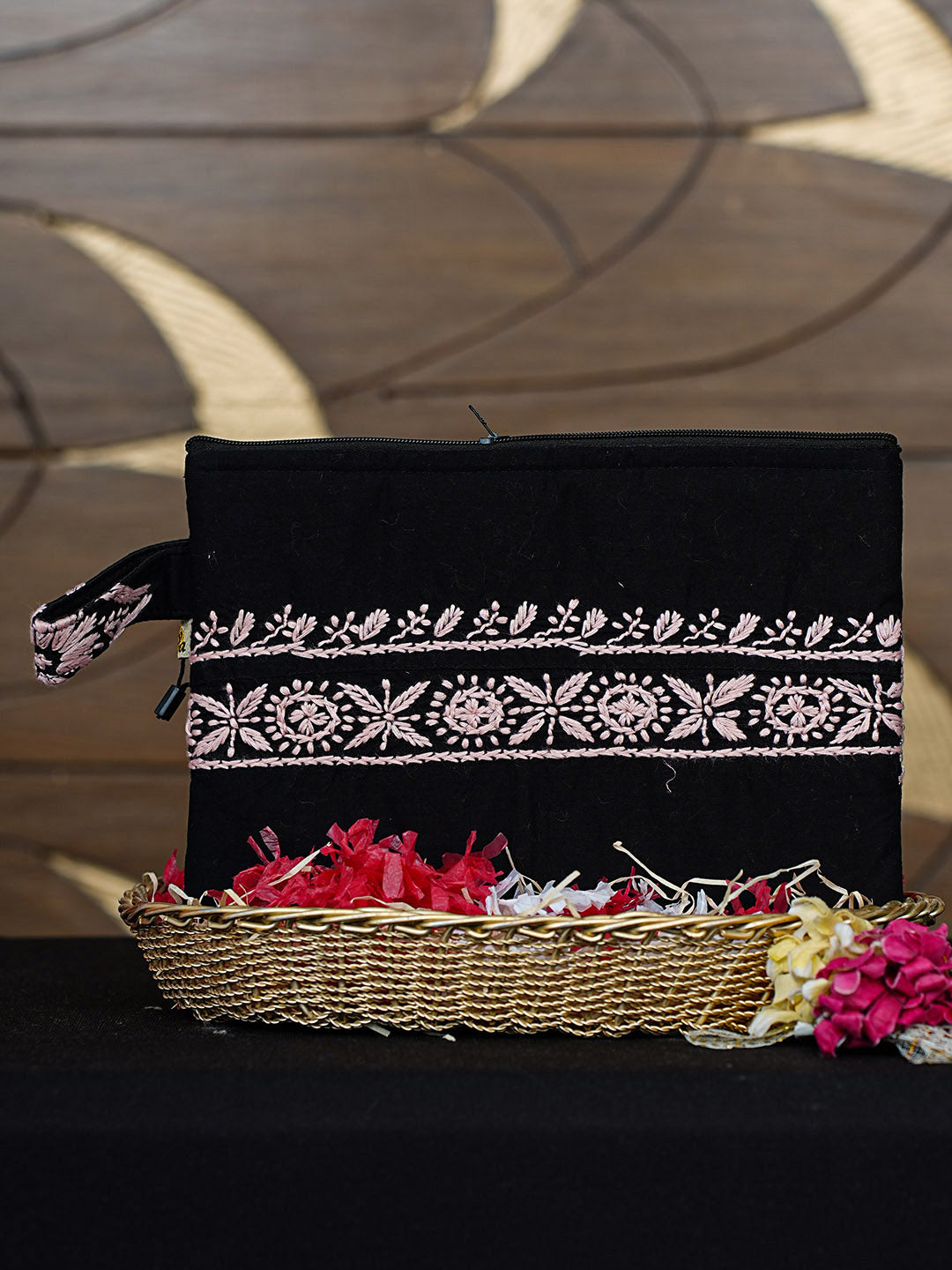 Ada Hand Embroidered Black Cotton Lucknowi Chikankari Pouch 01A902230