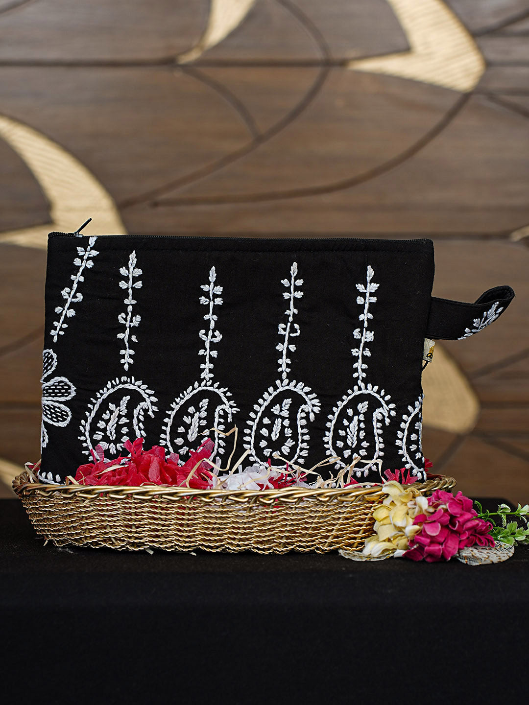 Ada Hand Embroidered Black Cotton Lucknowi Chikankari Pouch 01A902231