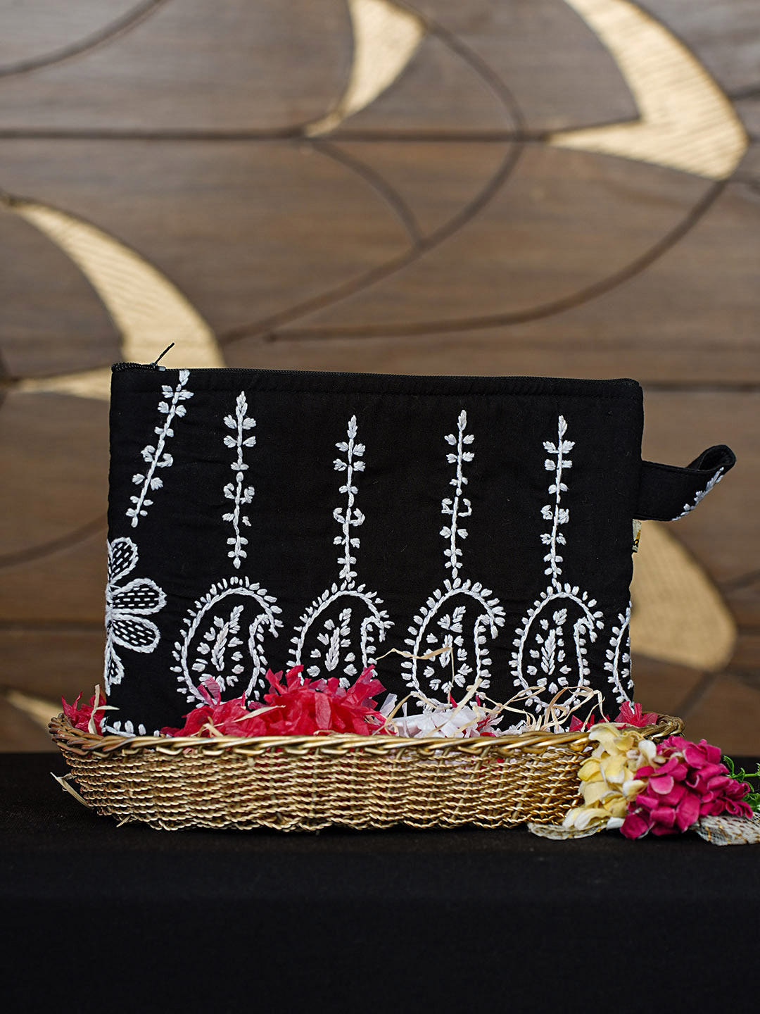 Ada Hand Embroidered Black Cotton Lucknowi Chikankari Pouch 01A902231
