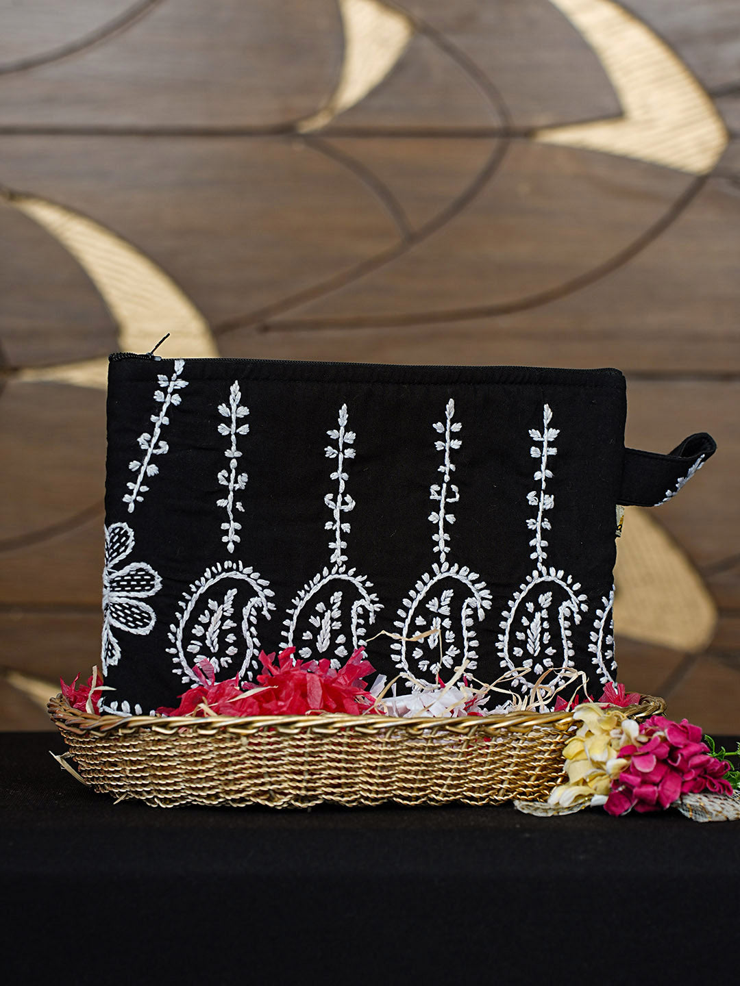 Ada Hand Embroidered Black Cotton Lucknowi Chikankari Pouch 01A902231