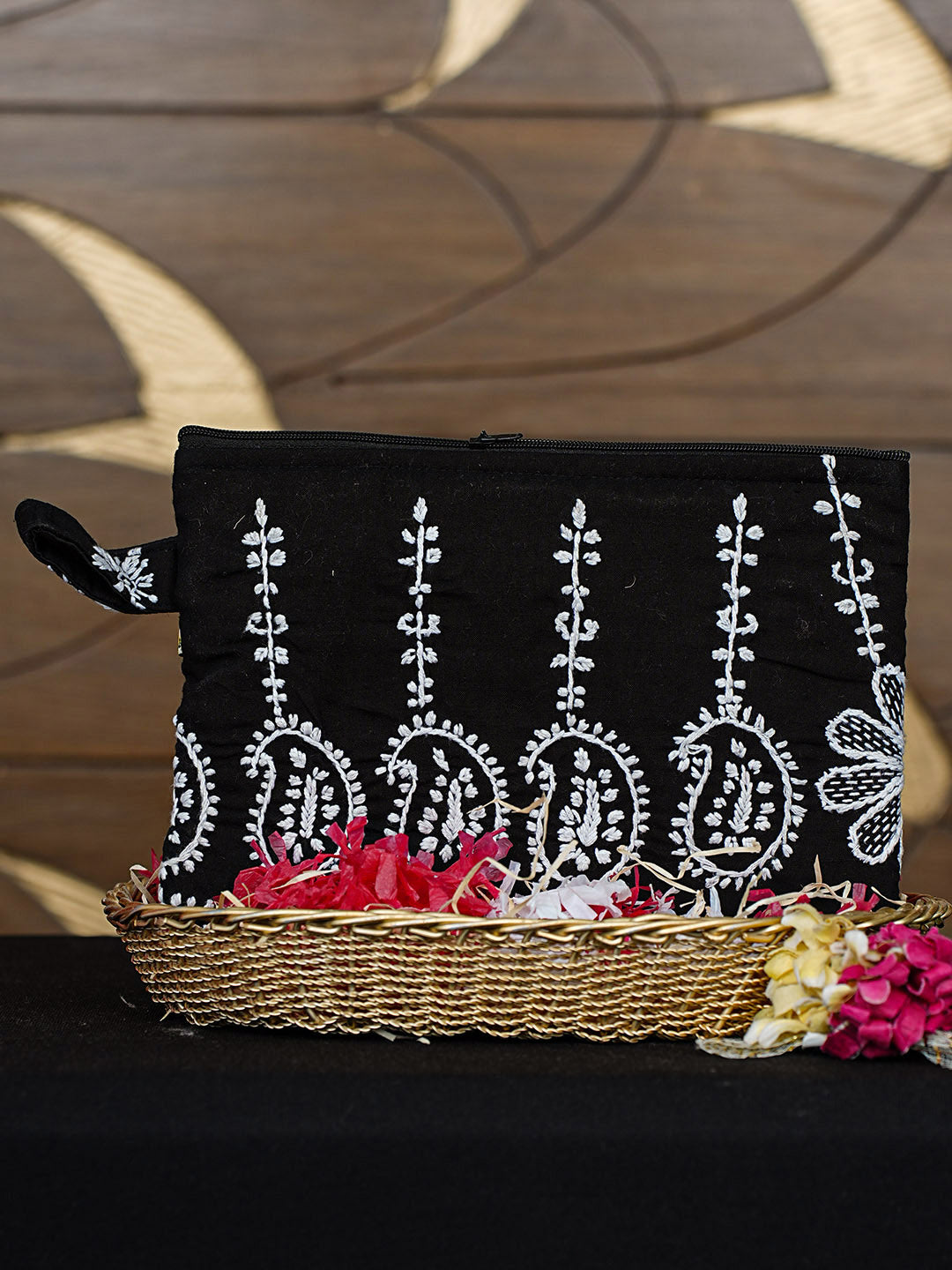 Ada Hand Embroidered Black Cotton Lucknowi Chikankari Pouch 01A902231
