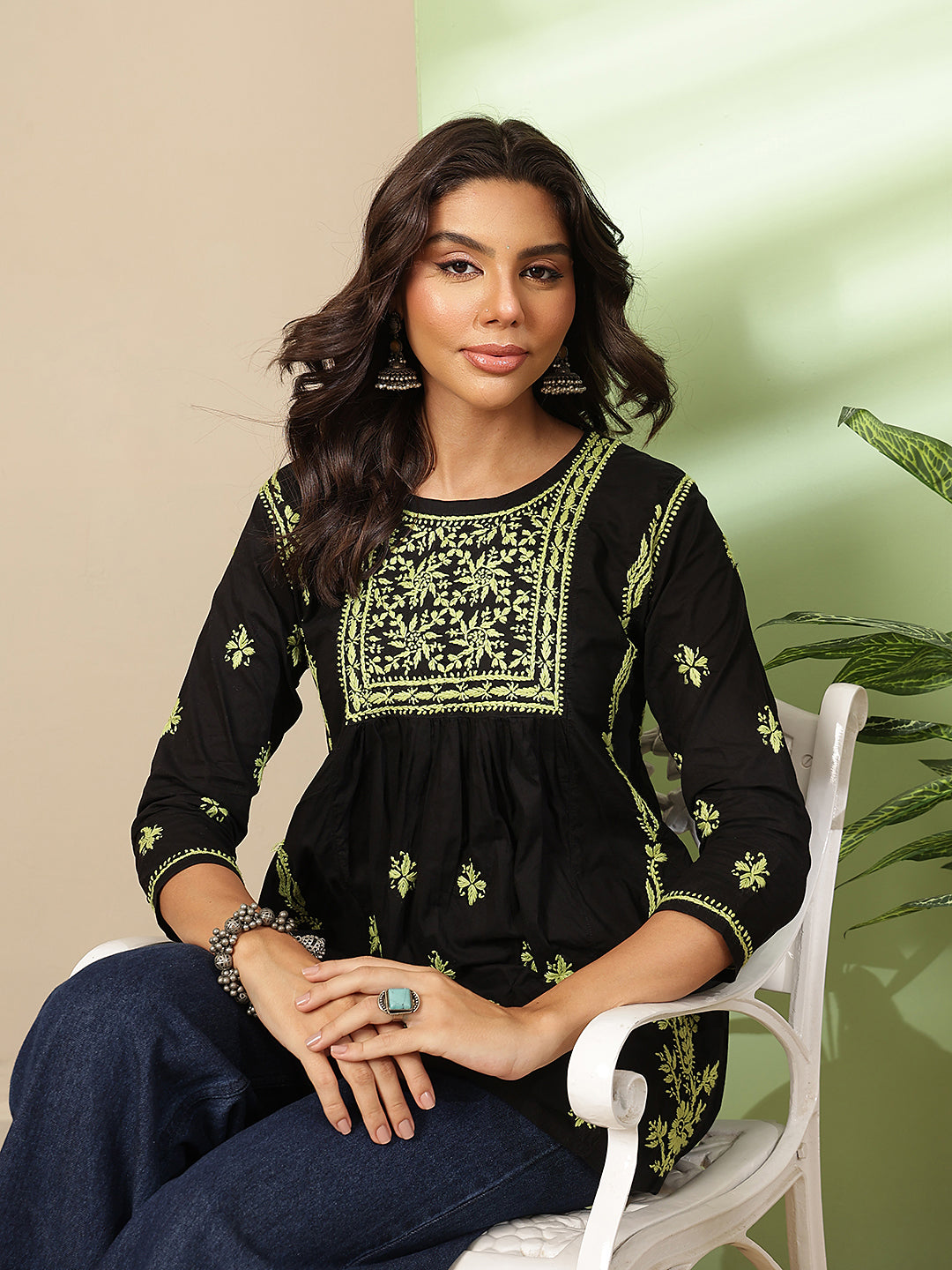 Ada Hand Embroidered Black Cotton Lucknowi Chikankari Short Kurti A911560
