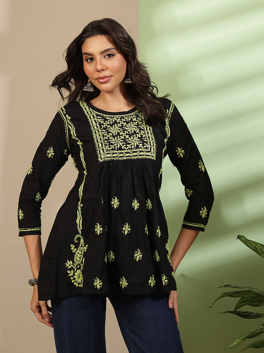 Ada Hand Embroidered Black Cotton Lucknowi Chikankari Short Kurti A911560