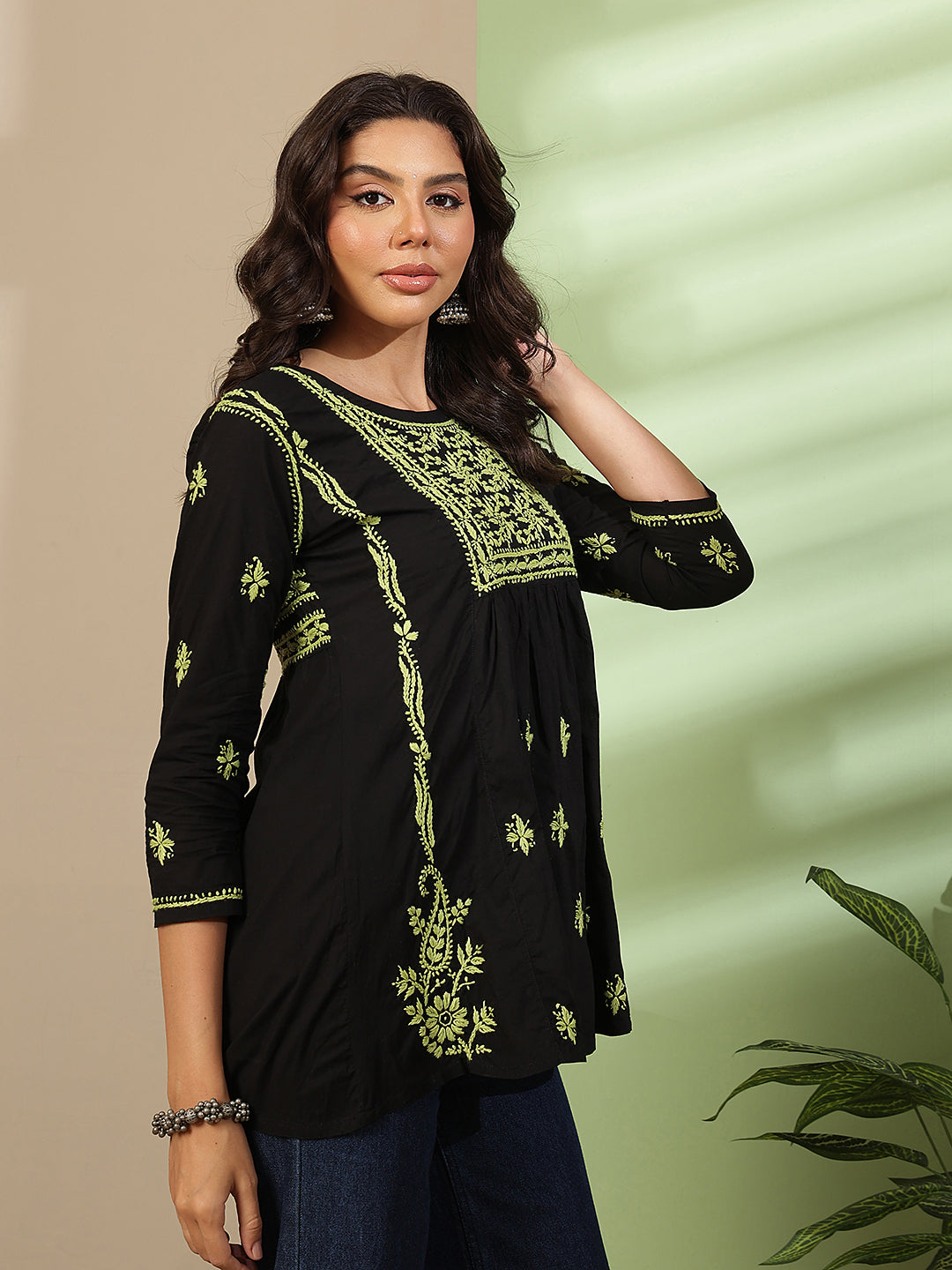 Ada Hand Embroidered Black Cotton Lucknowi Chikankari Short Kurti A911560