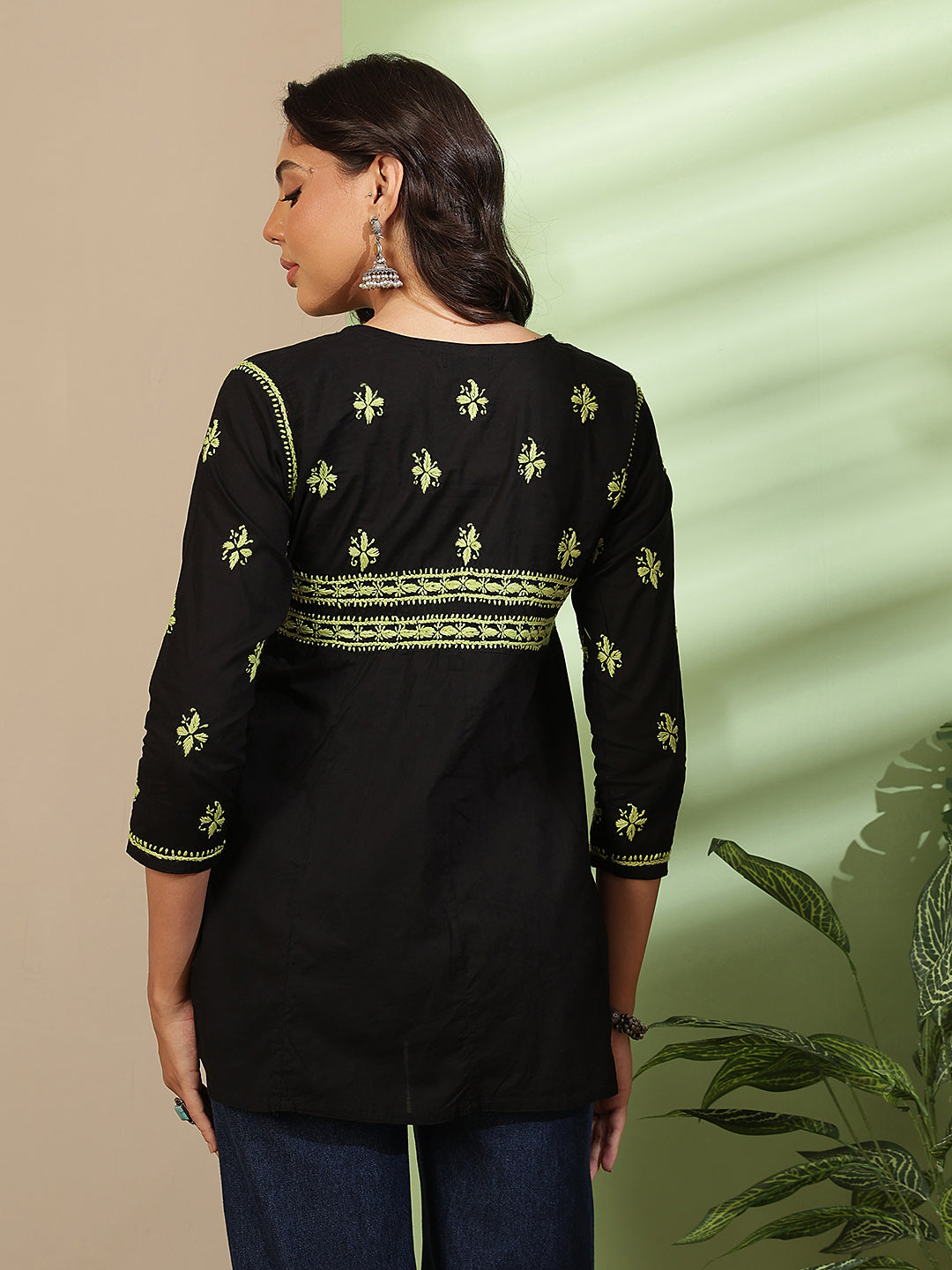Ada Hand Embroidered Black Cotton Lucknowi Chikankari Short Kurti A911560