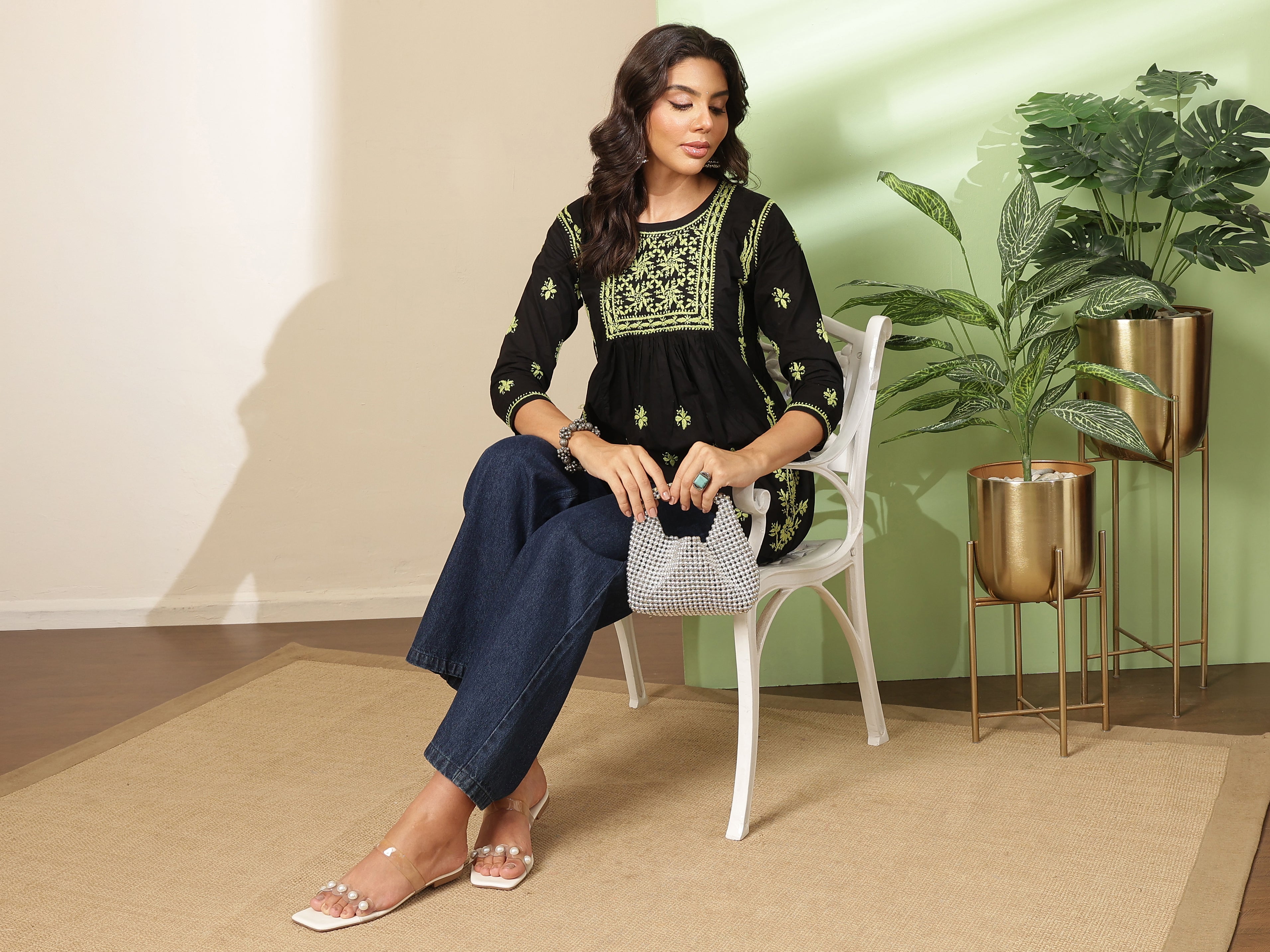 Ada Hand Embroidered Black Cotton Lucknowi Chikankari Short Kurti A911560