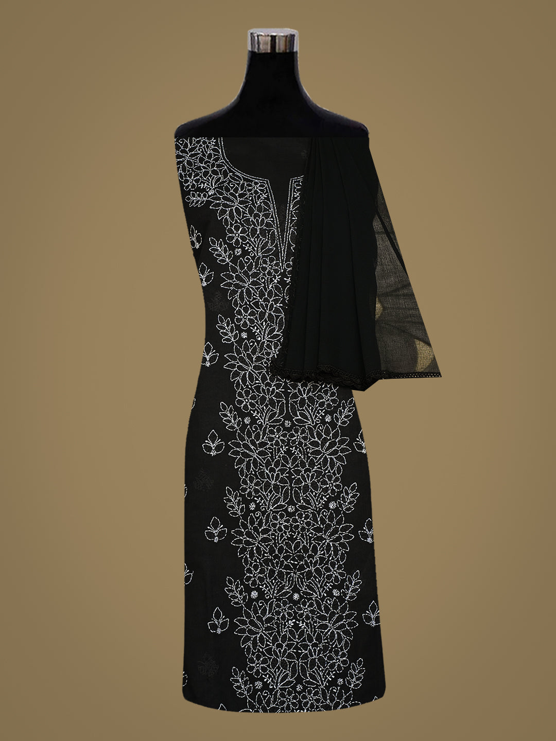 Ada Hand Embroidered Black Cotton Lucknowi Chikankari Unstitched Suit Piece 01A992506