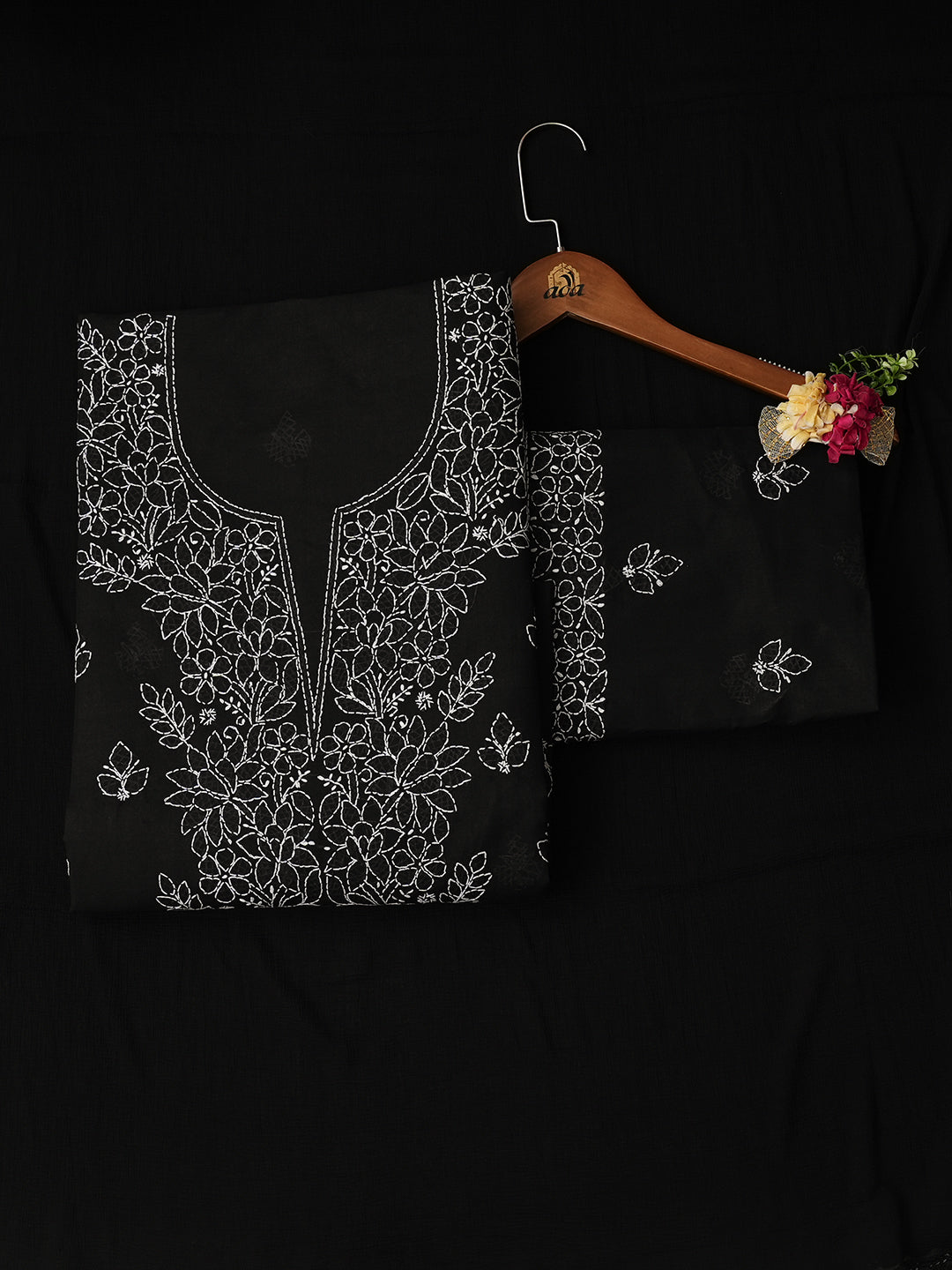 Ada Hand Embroidered Black Cotton Lucknowi Chikankari Unstitched Suit Piece 01A992506