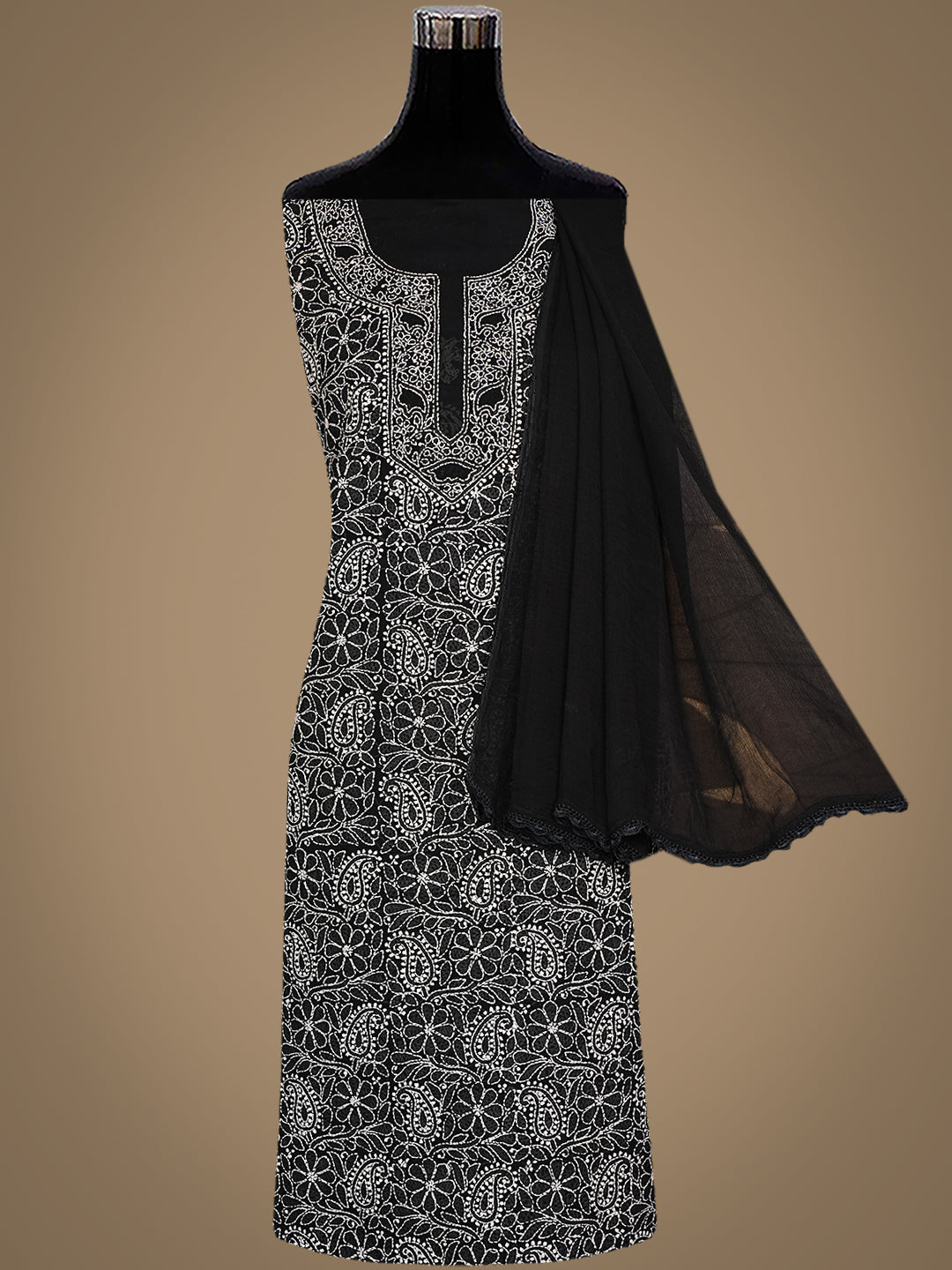 Ada Hand Embroidered Black Cotton Lucknowi Chikankari Unstitched Suit Piece With Chiffon Dupatta 01A1007020