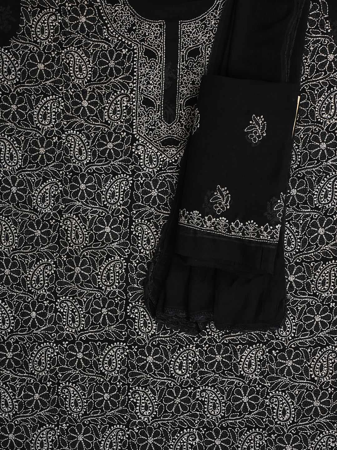 Ada Hand Embroidered Black Cotton Lucknowi Chikankari Unstitched Suit Piece With Chiffon Dupatta 01A1007020