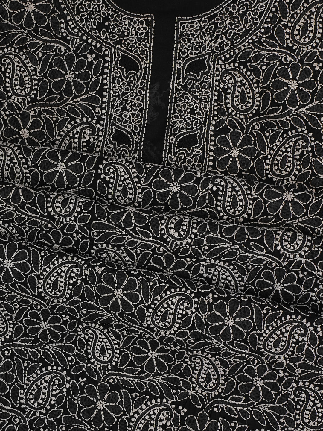 Ada Hand Embroidered Black Cotton Lucknowi Chikankari Unstitched Suit Piece With Chiffon Dupatta 01A1007020